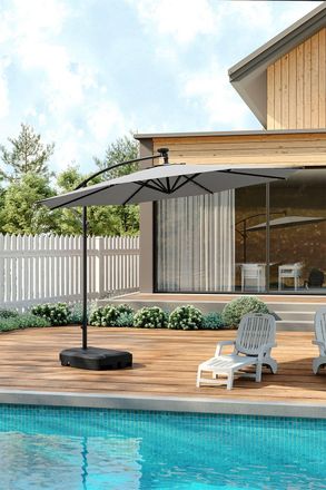 Living and Home Outdoor 32 LED Lighted Patio Umbrella with Crank Lift System with Base in Light Grey