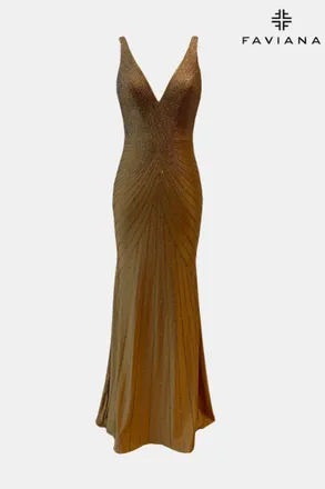 Faviana Womens V-Neck Hot Stone With Sunburst Pattern Gown In Gold