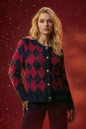 Roman Fluffy Argyle Knit Cardigan