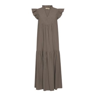 Mos Mosh Feminine Jurk met Ruches Details - Dames - Maxi kleedjes - Bruin - XS - Katoen - Kleedjes