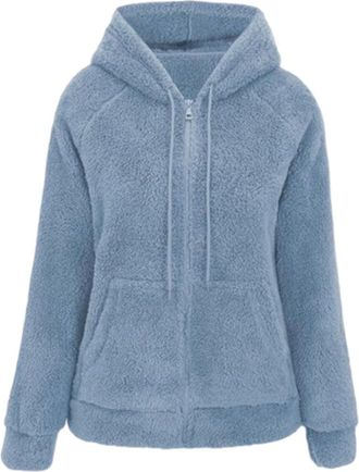 Generic Women Beige Black Pink Fluffy Plush Hooded Jacket with Pocket Teddy Bear Fleece Full Zip Coat Faux Fur Hoodie Jackets Sweatshirt Winter Warm Outwear P