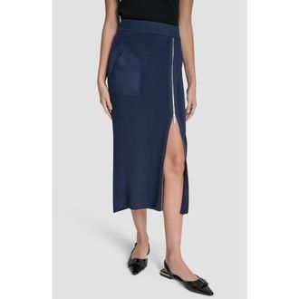 DKNY Zipper Slit Midi Sweater Skirt in Hudson Blue at Nordstrom, Size Xx-Small