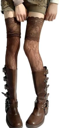 Generic ZBDP Sexy Lace Fishnet Stockings For Women Floral Hollow Out Mesh Knee Socks Female Solid Color High Stockings Long Socks