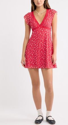 BP. Lace Trim Flutter Sleeve Minidress in Red- Ivory Jenna Rose at Nordstrom, Size Xx-Small
