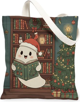 Generic Christmas Ghost Canvas Tote Bags, Cute Holiday Pattern Reusable Grocery Bags, Vintage Lightweight Washable Shoulder Strap C, White, 13x15 Inch
