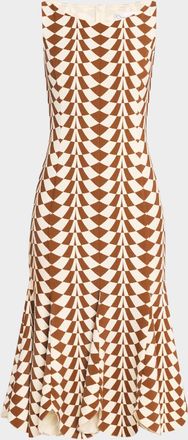Oscar De La Renta Sleeveless Geo Stretch Wool Scalloped Midi Dress