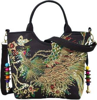 Generic Women Shoulder Bag Peacock Embroidered Shiny Sequins Canvas Tote Handbag with Adjustable Straps Crossbody