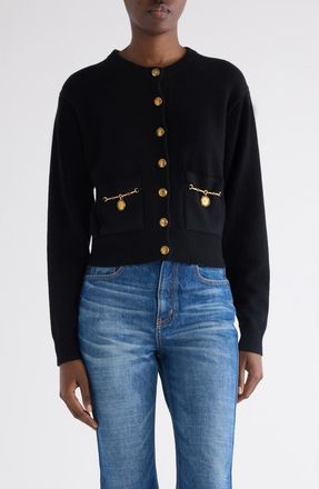 Chlo&eacute; Horse Capsule Medal Button Merino Wool & Cashmere Cardigan in Black at Nordstrom, Size X-Small