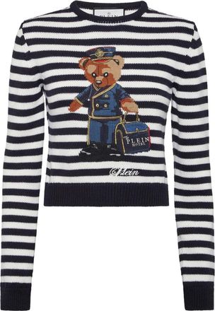 Philipp Plein Gestreept Ronde Hals Pullover Teddy Doorman - Dames - Ronde hals truien - Blauw - L - Wol - Truien & Vesten