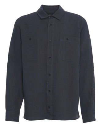 Amaranto Linen Blue Shirt With Chest Pockets And Classic Collar