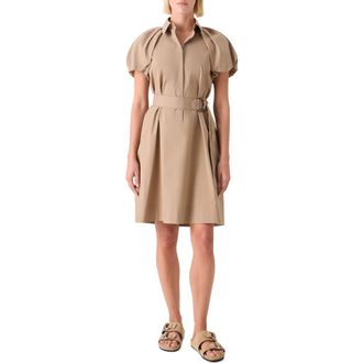 Akris Belted Balloon Sleeve Cotton Blend Polo Dress in Beige at Nordstrom, Size 12