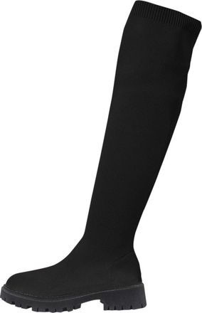 Generic Black Ladies Fashionable Mesh Elastic Boots Featuring Round Toe and Chunky Low Heel for Over The Knee Comfort