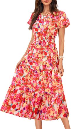 Grace Karin Women Short Sleeve Summer Dress Maxi Floral Dress V Neck A Linie Sundress Wedding Pink Yellow M