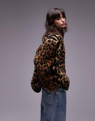 Topshop jacquard fleece borg in leopard-Multi
