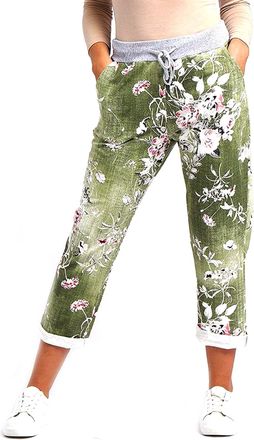 Generic MMK Manchester Womens Italian Multi Printed Floral Turn Up Trouser - Ladies Elasticated Waistband Causal Summer Drawstring Pant with Side Pockets Gym 