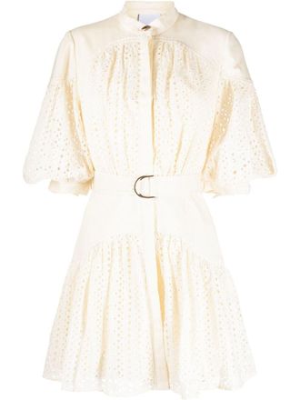 Acler Moore broderie-anglaise puff-sleeve dress - women - Cotton/Linen/Flax/Cotton - 16 - Neutrals