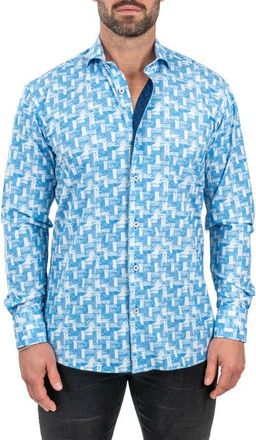 Maceoo Einstein Wood Waves Print Stretch Button-Up Shirt in Blue at Nordstrom, Size 7
