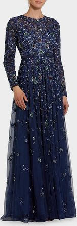 Mac Duggal Sequin Floral Applique A-Line Gown