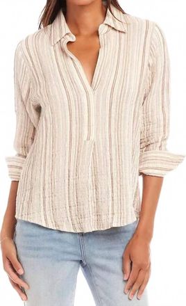 Karen Kane Melia Metallic Stripe Ruched Sleeve Shirt In Beige