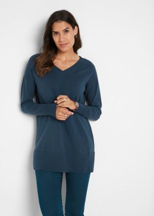 Bonprix Longpullover BONPRIX Long-Pullover, Damen, Gr. 52/54 (XXL), blau (dunkelblau), Obermaterial: 70% Baumwolle, 30% Polyamid, loose fit, V-Ausschnitt, Pul