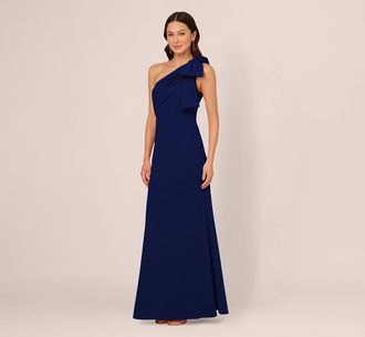 Adrianna Papell Stretch Crepe One Shoulder Mermaid Gown With Bow Accent In Navy Sateen