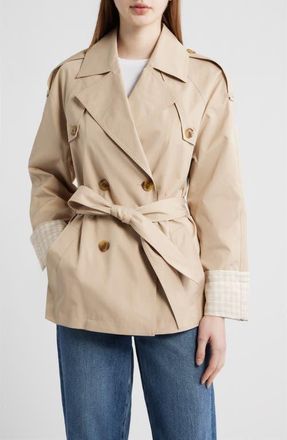 BCBGeneration Water Resistant Gingham Cuff Double Breasted Trench Coat in Putty at Nordstrom, Size X-Large