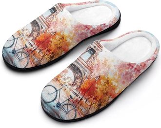 Generic Paris E-iffel Tower Watercolor Mens Soft Cotton Slippers with Memory Foam Anti-skid House Shoes for Travel Indoor Outdoor
