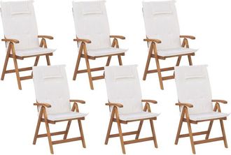 Beliani Conjunto De 6 Sillas De Jard&iacute;n De Madera De Acacia Ajustable Con Cojines Blanco Crema Estilo R&uacute;stico Java