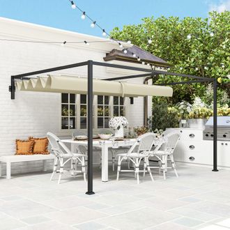 OUTSUNNY 3 x 4m Wall Mounted Pergola with Retractable Roof, Khaki