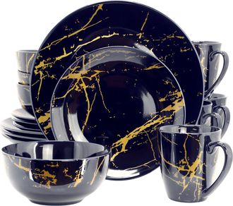 Elama Fine Marble 16 Piece Porcelain Dinnerware Set in Black with Gold Veining