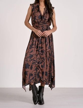Elan Juliette V Neck Maxi Dress In Brown Foliage