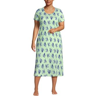 Lands End Plus Size Cotton Short Sleeve Midcalf Nightgown in Mint/blue Sky Vintage Floral at Nordstrom, Size 2X