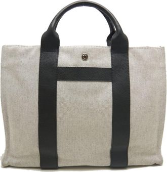 Herm&egrave;s Black Gray Cotton Canvas Leather Tote Bag (Pre-Owned)