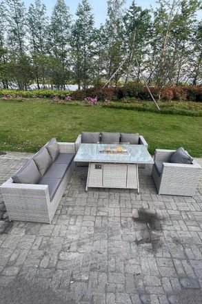 Fimous Rattan Garden Furniture Set Gas Fire Pit Dining Set Heater Burner Lounge Sofa Chairs Outdoor in Light Grey