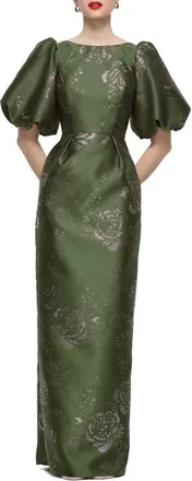 The Dessy Group Blaine Gilt Floral Puff Sleeve Satin Twill Column Gown in Olive/gold at Nordstrom, Size 10