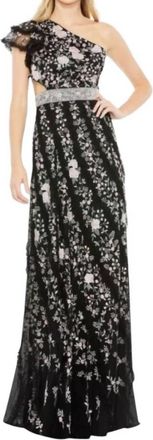 Mac Duggal Womens Embroidered Ruffled One Shoulder Lace Up Gown In Black