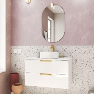 Aurlane Aurlane - Mueble De Ba&ntilde;o 80 Cm Blanco Y Oro - Lavabo Blanco - Espejo Y Aplique Led