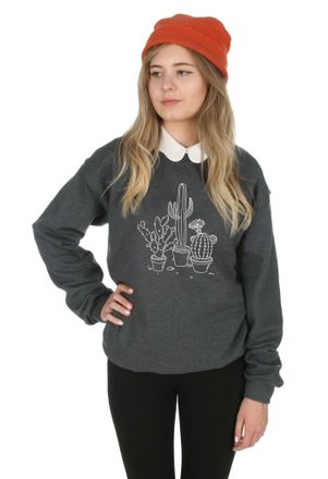 Sanfran Clothing Sanfran - Cactus Drawing Cute Boho Bohemian Plants Jumper Sweater - Large/Dark Heather Grey