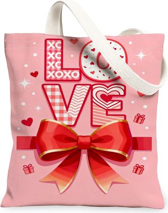 Generic ValentineS Day Hearts Canvas Tote Bag, Adorable Love Pattern Reusable Grocery Bags, Lightweight Washable Shoulder Strap Ca, Peach, 13x15 Inch
