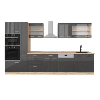 Vicco Mueble De Cocina R-line, Antracita Brillo Intenso/roble Dorado El&eacute;ctrico, 350 Cm Con Armario Alto, Sin Encimera
