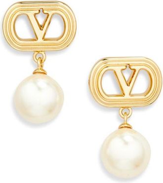 Valentino Garavani Ovalette VLOGO Swarovski Faux Pearl Drop Earrings in Oro/Cream at Nordstrom