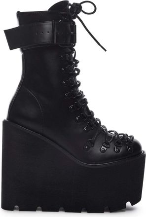 Dolls Kill Traitor Boots by Current Mood - Black Vegan Leather Platform Boots with Wedge Heels & Lace-Up Design, Black, 8 UK