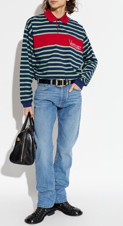 Versace Striped Polo Shirt, Mens, Navy Blue