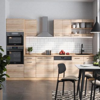 Vicco Mueble De Cocina R-line, Roble Sonoma/goldkraft, 300 Cm Con Armario Alto, Et M&aacute;rmol