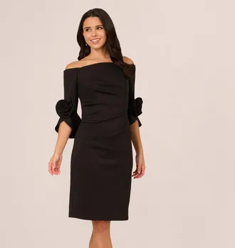 Adrianna Papell Off Shoulder Three Quarter Rosette Sleeve Cocktail Dress In Black