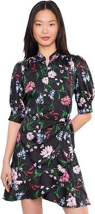 CeCe by Cynthia Steffe Open Collar Short Sleeve Ruffle Wrap Dress Womens Dress Rich Black : LG, Polyester