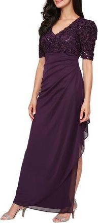 Alex Evenings Embellished Short Sleeve Empire Waist Gown in Deep Plum at Nordstrom, Size 14