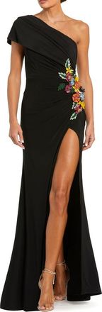 Mac Duggal One Shoulder Jersey Gown with Beaded Floral Appliqu&eacute; in Black at Nordstrom, Size 16