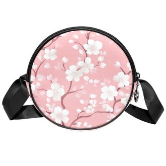 Generic Circle Crossbody Bag for Women, Pink Background Flowers Small Sling Bag Daypack with Zipper Adjustable Shoulder Straps Casual Ladies Girls Round Purse
