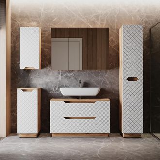 Vicco Juego De Muebles De Ba&ntilde;o Lotta, Roble/blanco Con Estructura De Azulejos, 5 Partes, Vicco
